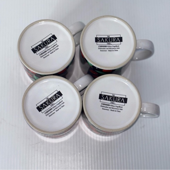 Set of 4 Mary Engelbreit CHERRIES Sakura Stoneware Coffee Tea Cups Mugs - Picture 5 of 7